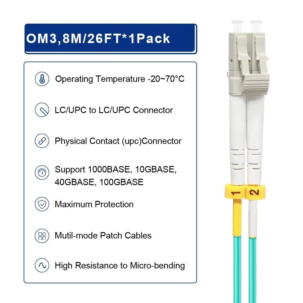 FLYPROFiber OM3 LC-LC Fiber Optic Patch Cable 8M (26ft) | 10Gb Multimode Duplex UPC Aqua - view 5