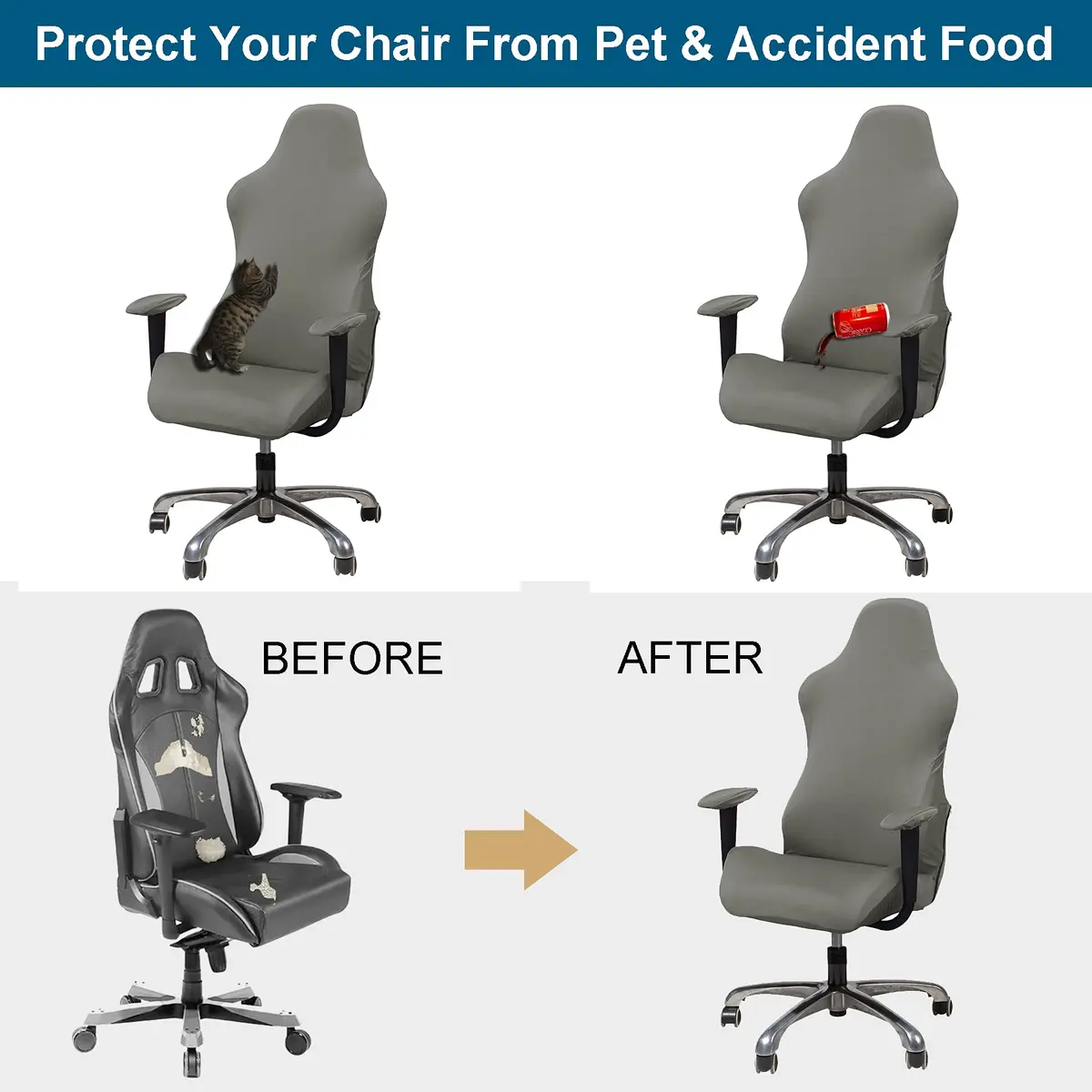 WOMACO Gaming Chair Slipcover for Leather Chairs | Durable Stretch Fabric, One-Size, Grey - view 4