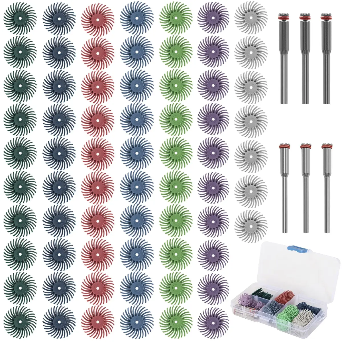SI FANG 1 Inch Mini Radial Bristle Disc Polishing Bits Kit with 2.35mm/3mm Mandrels, 76 Pieces | For Metalworking, Jewelry, Wood Carving - main product image