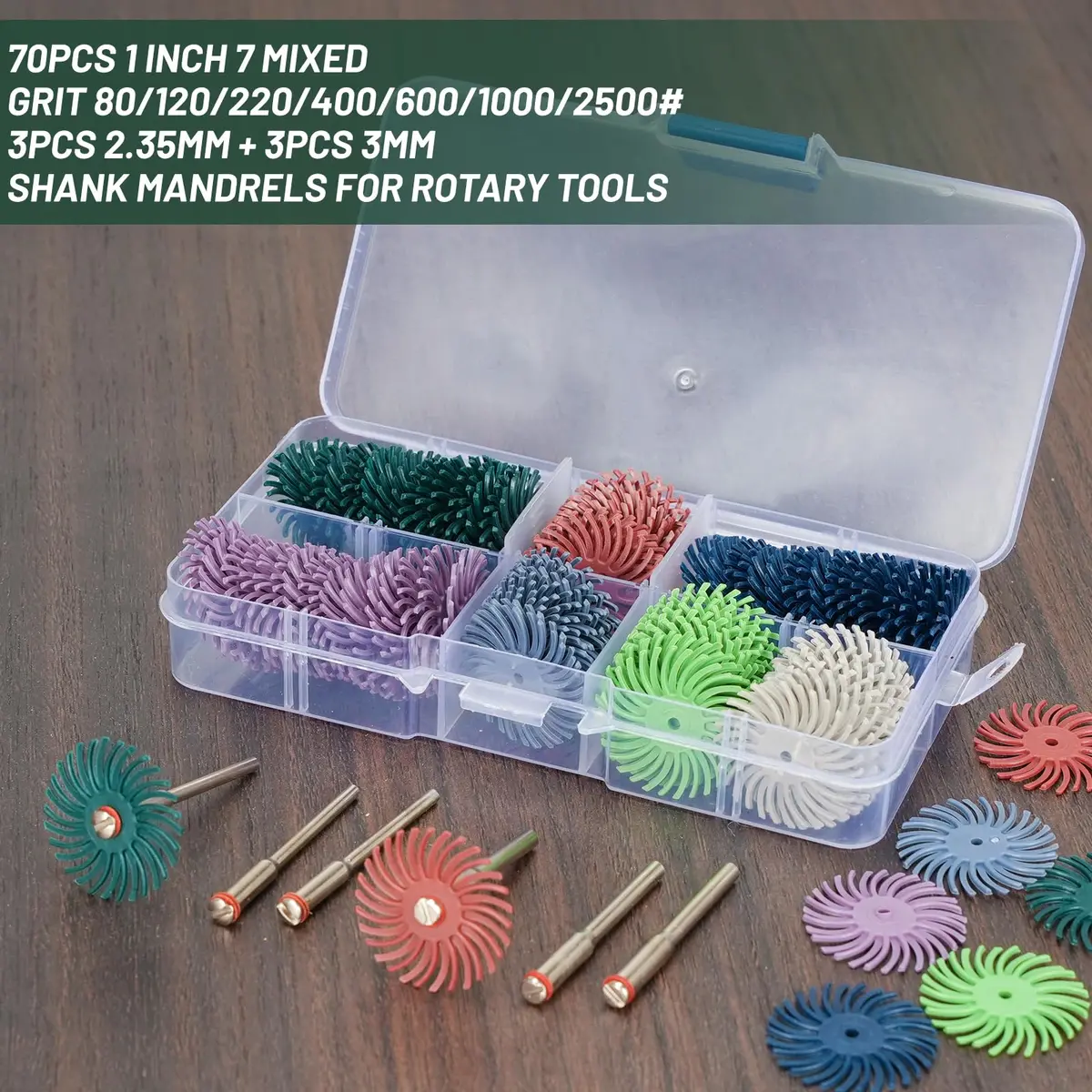 SI FANG 1 Inch Mini Radial Bristle Disc Polishing Bits Kit with 2.35mm/3mm Mandrels, 76 Pieces | For Metalworking, Jewelry, Wood Carving - view 2