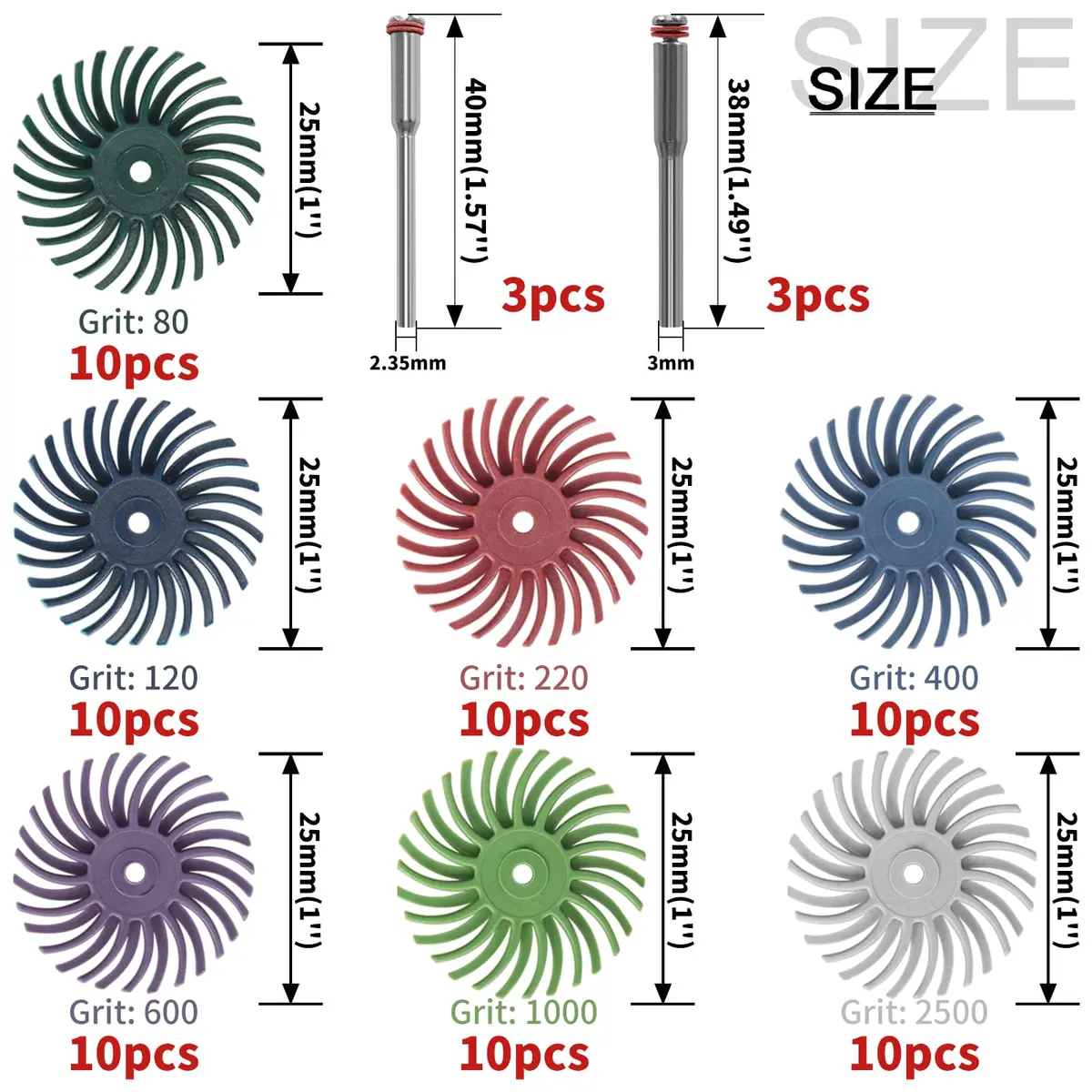 SI FANG 1 Inch Mini Radial Bristle Disc Polishing Bits Kit with 2.35mm/3mm Mandrels, 76 Pieces | For Metalworking, Jewelry, Wood Carving - view 3