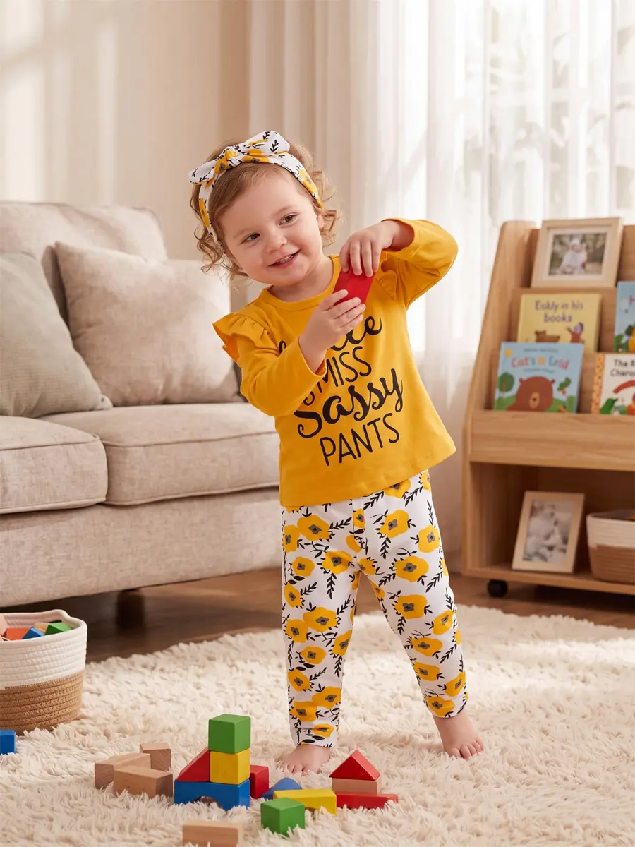 KuKitty Toddler Girl Clothes Letter Tops Floral Pants Outfit Set | Soft Cotton Blend, 12-18 Months, Bright Colors, Perfect for Playdates & Photos - view 3