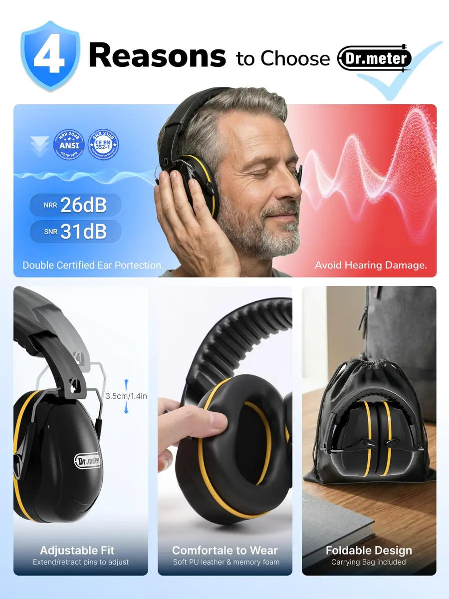 Dr.meter FM-1B Noise Cancelling Earmuffs for Adults & Kids | 31dB SNR (26dB NRR) Noise Reduction - view 5