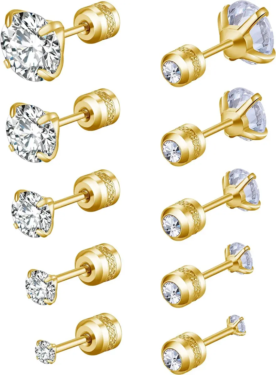 Comelyjewel Hypoallergenic Double Round Cubic Zirconia Stud Earrings Set 6mm (0.24 inches) | 5 Pairs Stainless Steel Pierced Earrings for Men & Women - main product image