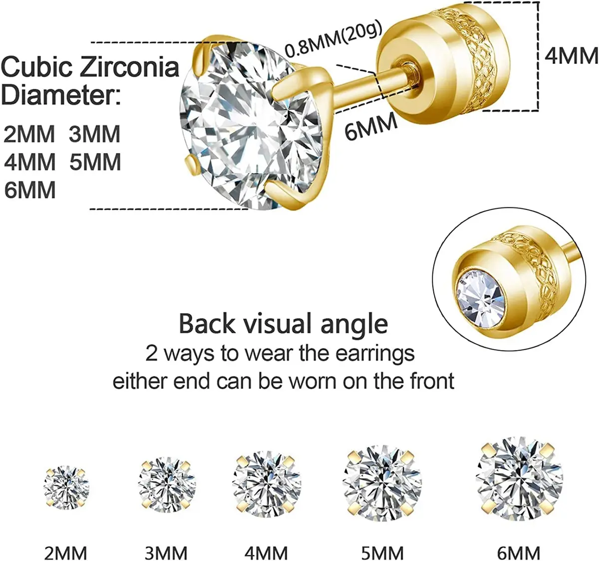 Comelyjewel Hypoallergenic Double Round Cubic Zirconia Stud Earrings Set 6mm (0.24 inches) | 5 Pairs Stainless Steel Pierced Earrings for Men & Women - view 3