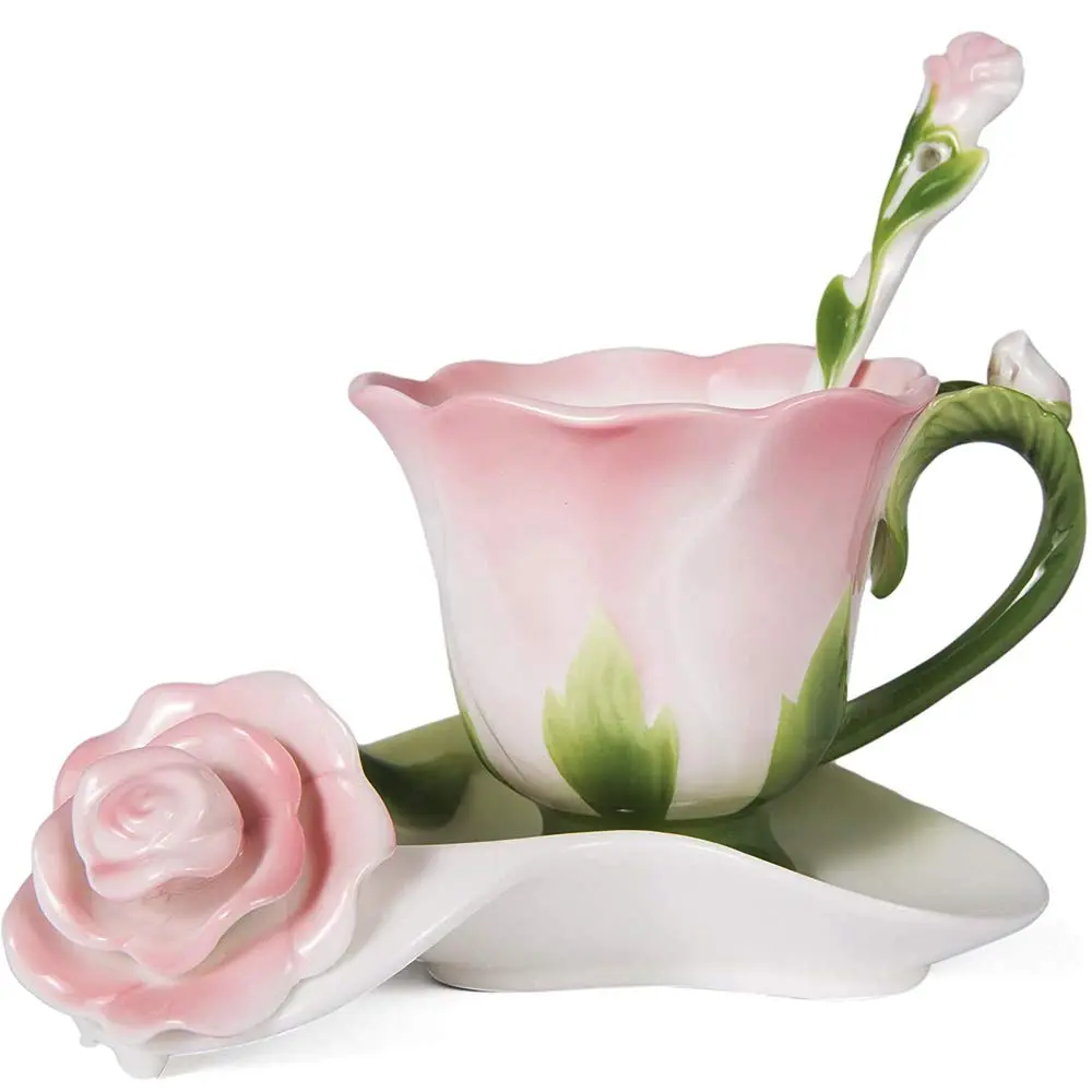 ONEUSTAR Pink Tea Cup and Saucer Set for 1 Ceramic 6 Oz | Rose Theme with Elegant Design - main product image