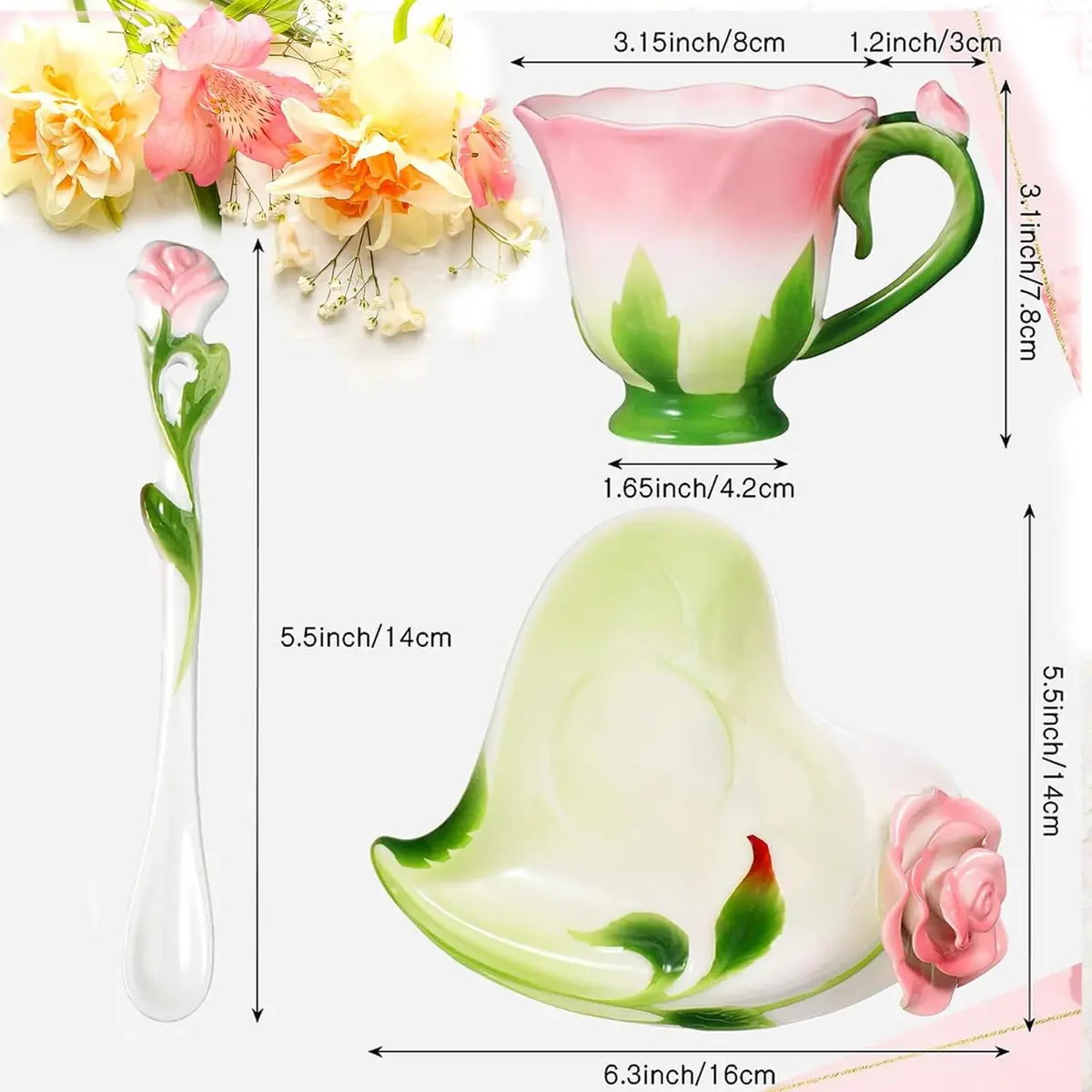 ONEUSTAR Pink Tea Cup and Saucer Set for 1 Ceramic 6 Oz | Rose Theme with Elegant Design - view 6