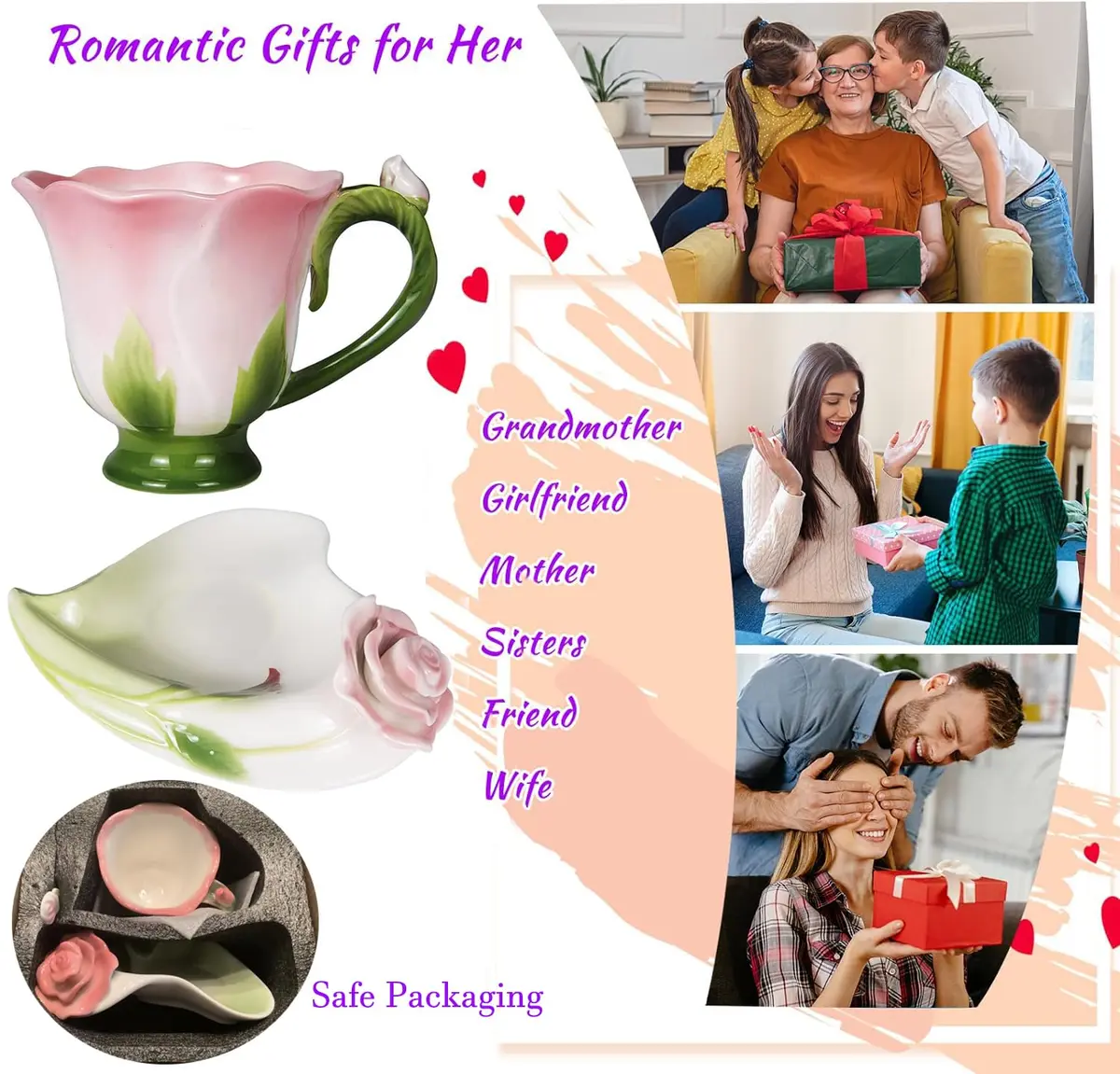 ONEUSTAR Pink Tea Cup and Saucer Set for 1 Ceramic 6 Oz | Rose Theme with Elegant Design - view 7