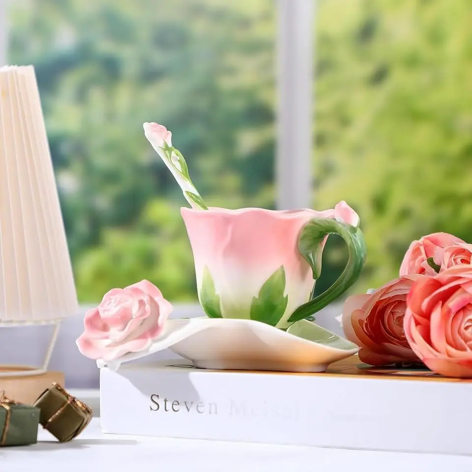 ONEUSTAR Pink Tea Cup and Saucer Set for 1 Ceramic 6 Oz | Rose Theme with Elegant Design - view 2