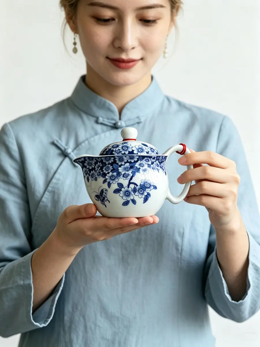 vv8oo Small Teapot 12oz Blue & White Porcelain Tea Pot with Infuser | Elegant Chinese Design for Single-Serve Tea - view 3