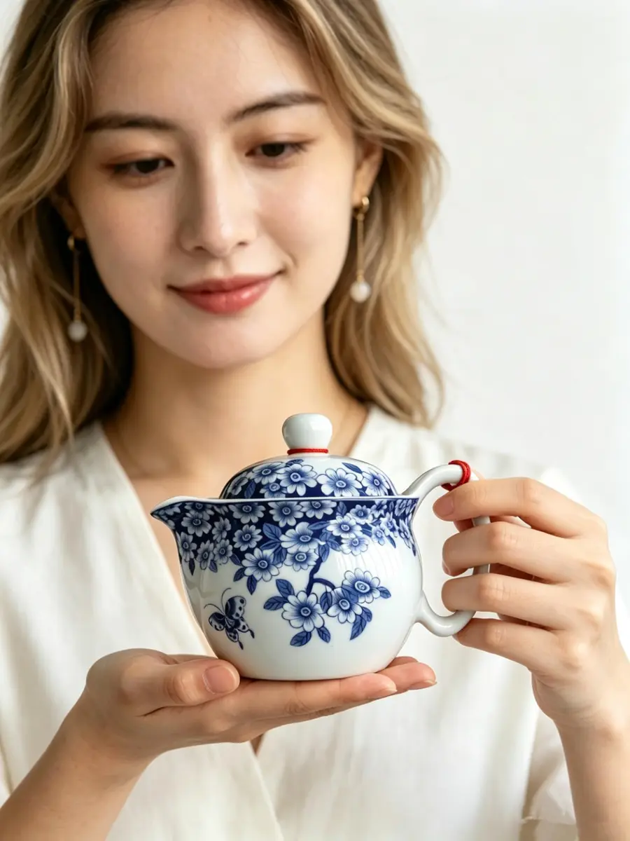 vv8oo Small Teapot 12oz Blue & White Porcelain Tea Pot with Infuser | Elegant Chinese Design for Single-Serve Tea - view 4