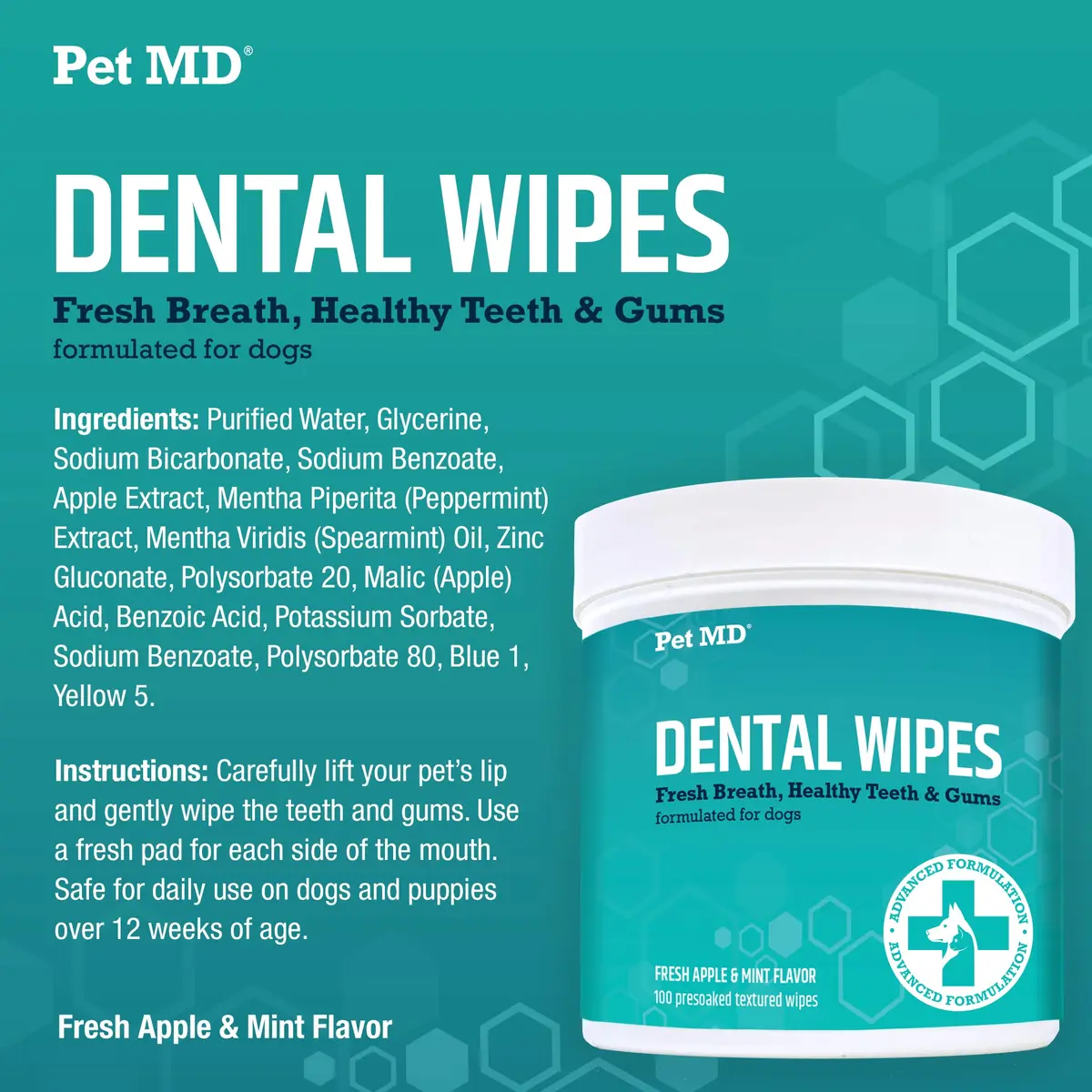 Pet MD Dental Wipes for Dogs Teeth - Fresh Apple & Mint Flavor - 100ct | Easy Dental Care for Dogs in India - view 6