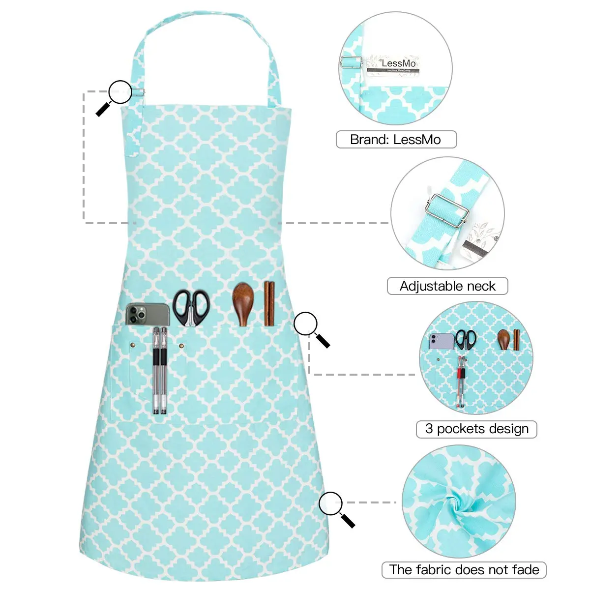 LessMo Kitchen Apron 65 x 85 cm | Adjustable Cotton Chef Apron for Kitchen & BBQ (Light Green) - view 3
