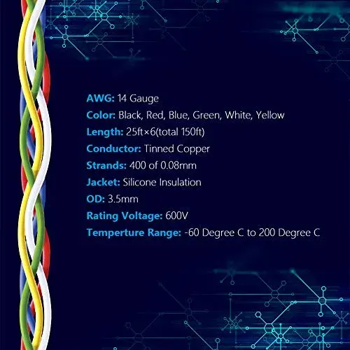 Fermerry 14 AWG Stranded Silicone Wire - 25ft Spool, 6 Vibrant Colors - view 2