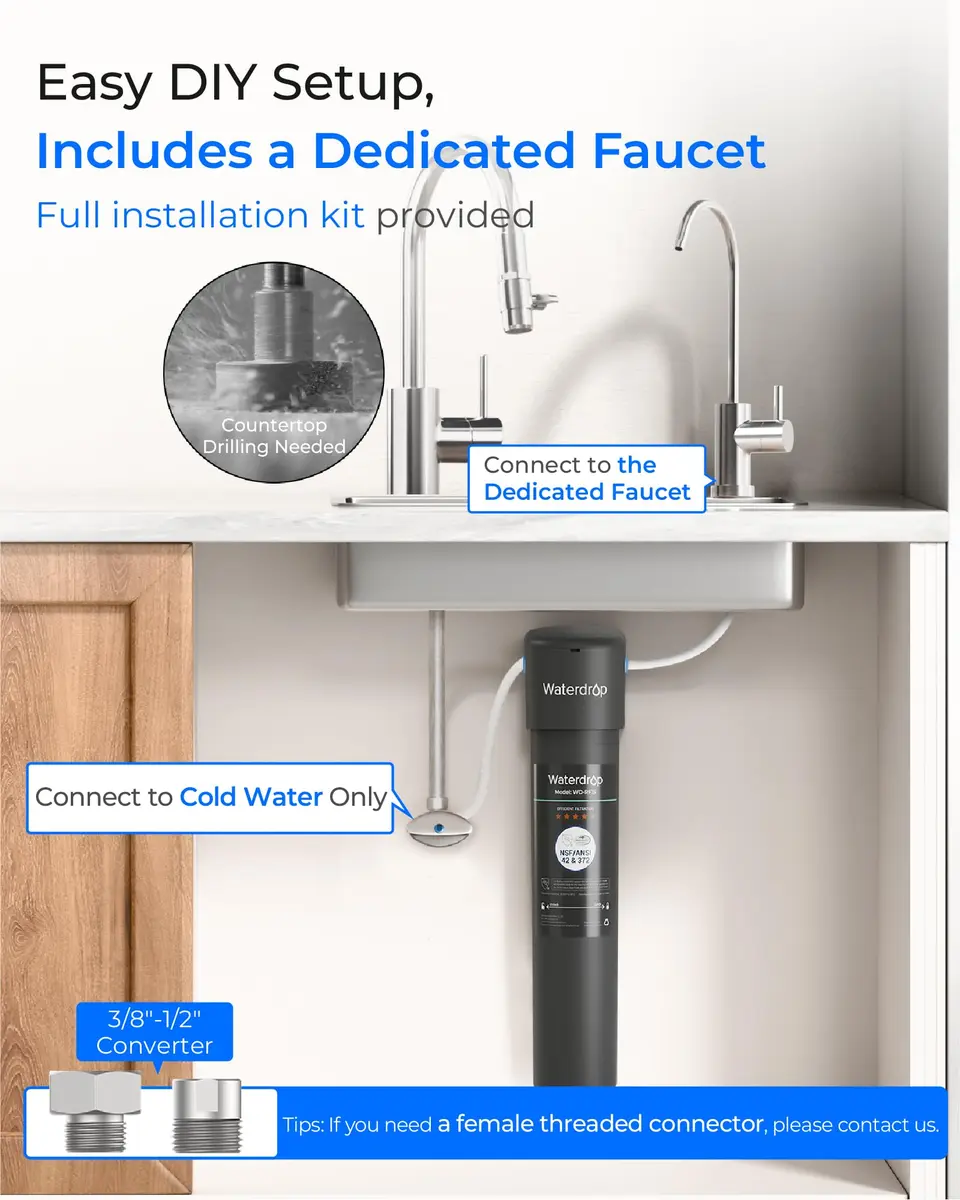 Waterdrop 15UB Under Sink Water Filter System with Dedicated Faucet, 19000 Gallons (730 Days) | Reduces PFAS, Lead, Chlorine - view 7