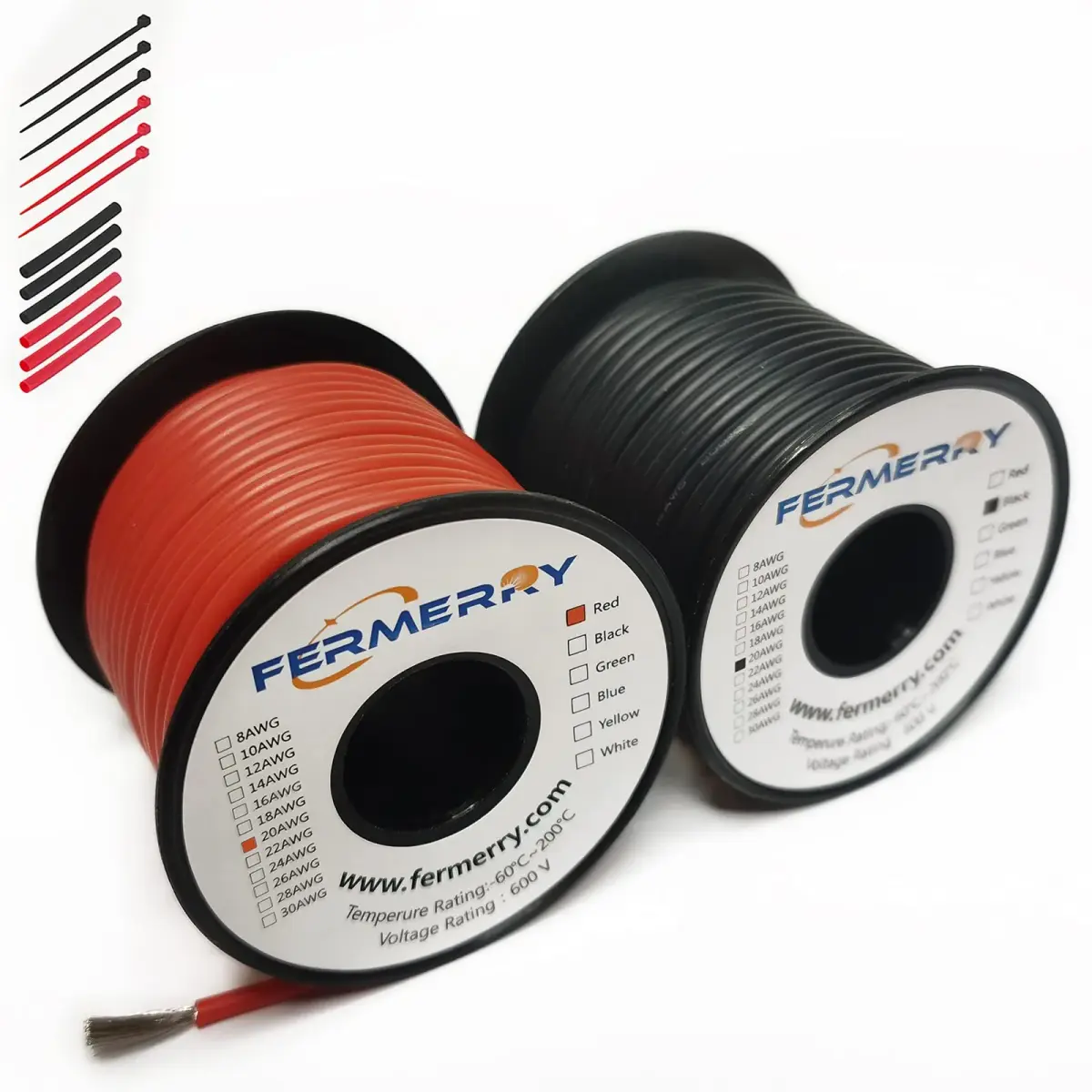 Fermerry 20 AWG Stranded Silicone Wire Spool 30.48m (100ft) Each | 600V, 200°C Rated Electrical Wire Kit - main product image