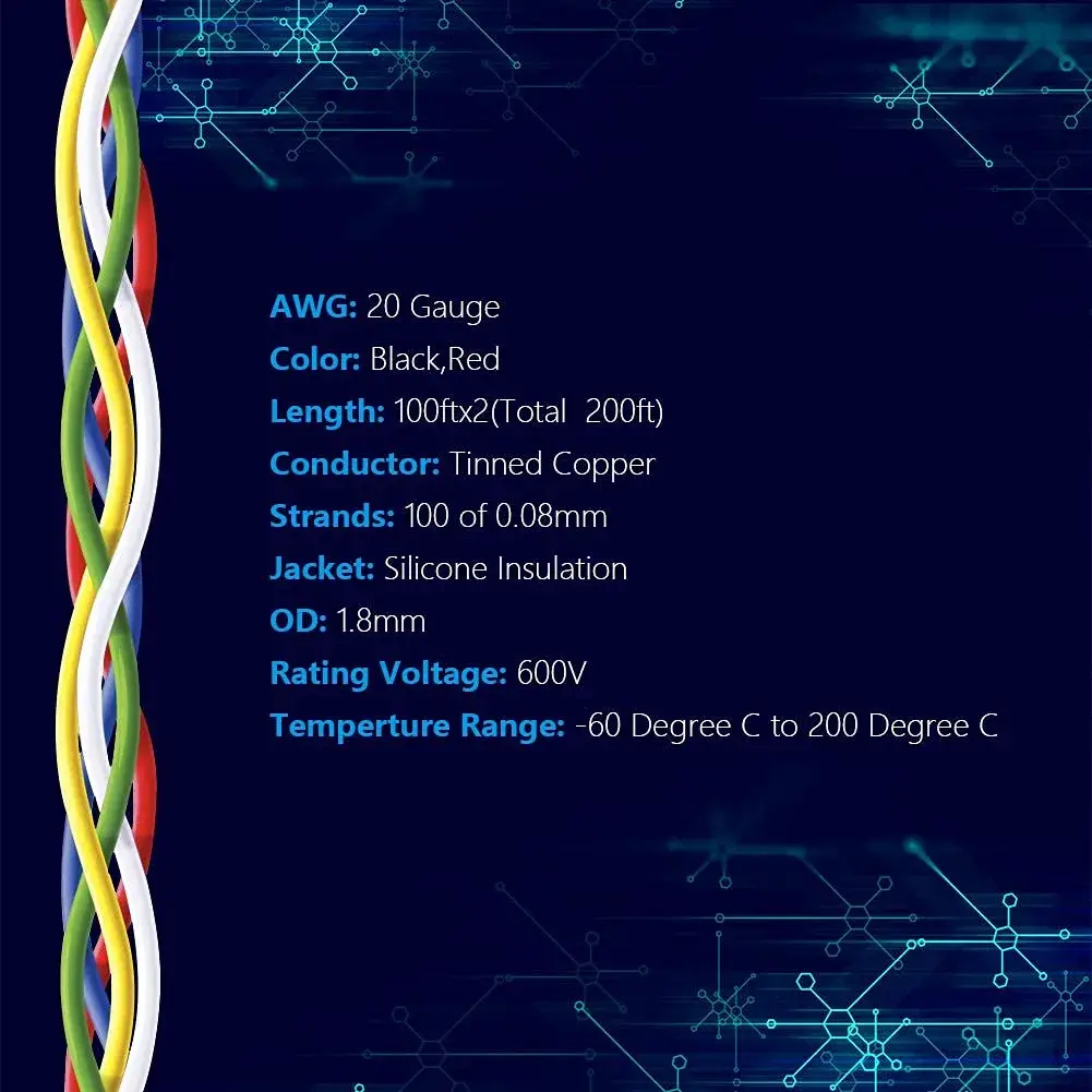 Fermerry 20 AWG Stranded Silicone Wire Spool 30.48m (100ft) Each | 600V, 200°C Rated Electrical Wire Kit - view 2