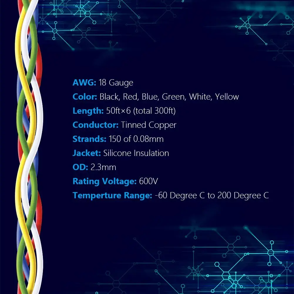 Fermerry 18 AWG Stranded Silicone Wire Spool - 50ft, 6 Color Kit - view 2