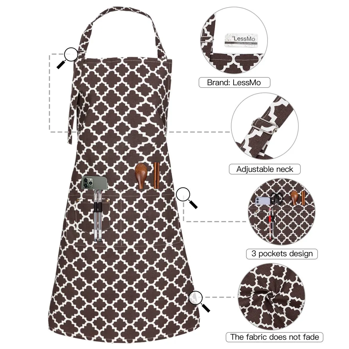 LessMo Cotton Apron with 3 Pockets | Adjustable Chef Apron for Kitchen & BBQ (Coffee) - view 3