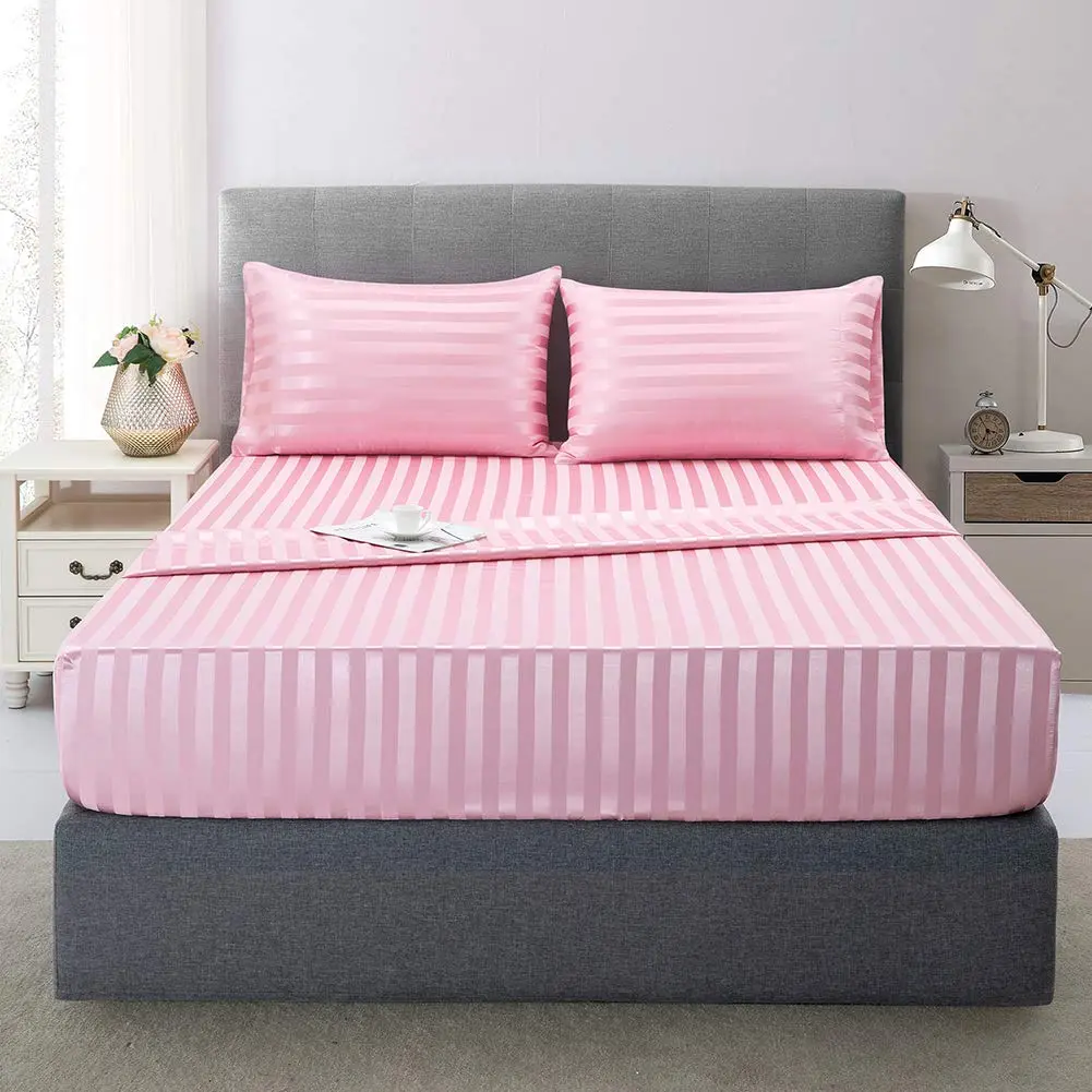 Lanest Housing Satin Sheets Queen Size Bed Sheet Set | Silky Soft, Cooling, 4-Piece Pink Striped - main product image