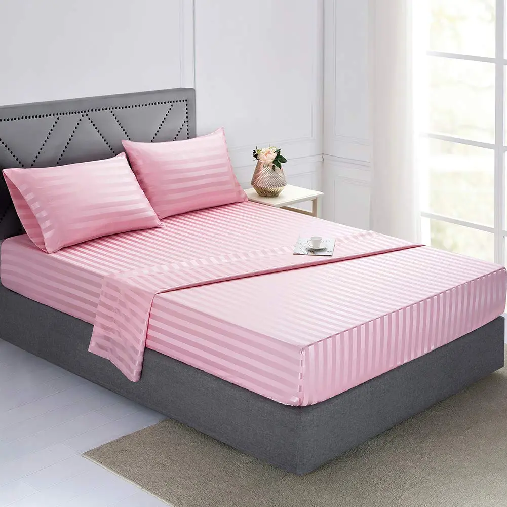 Lanest Housing Satin Sheets Queen Size Bed Sheet Set | Silky Soft, Cooling, 4-Piece Pink Striped - view 2