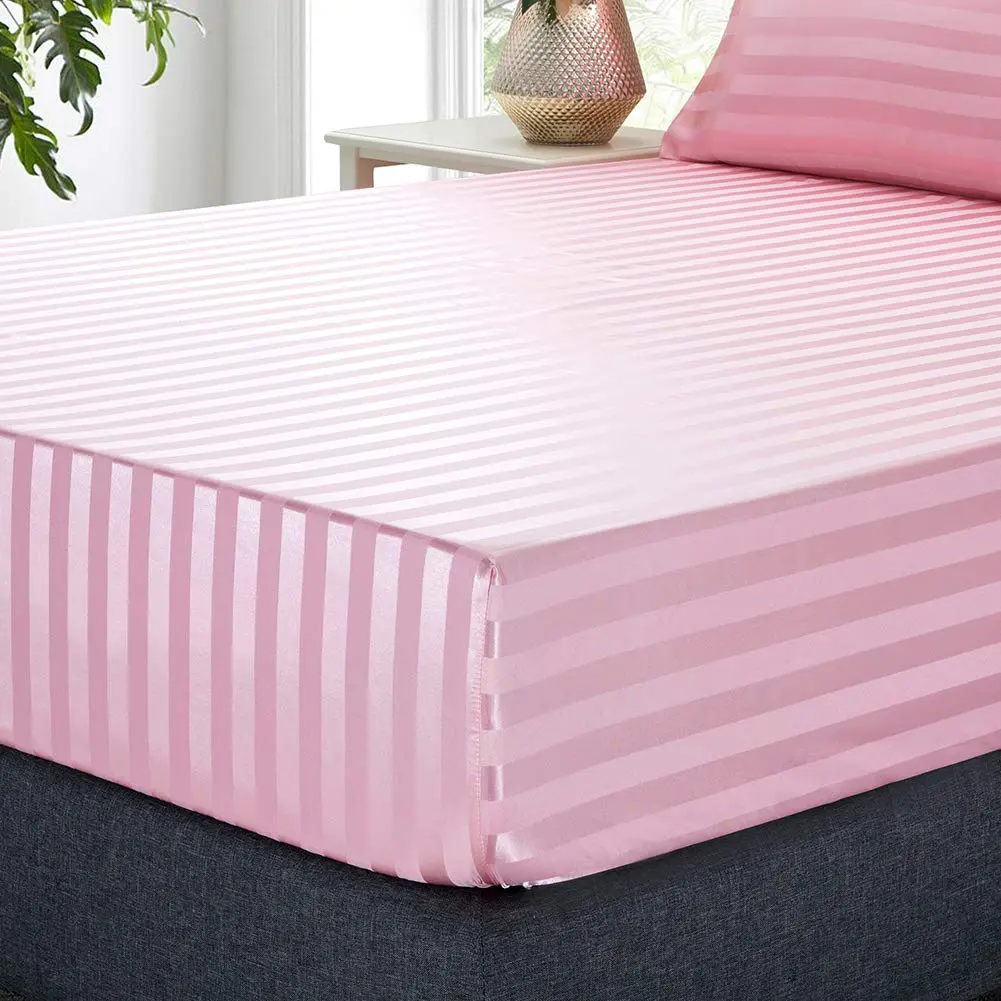Lanest Housing Satin Sheets Queen Size Bed Sheet Set | Silky Soft, Cooling, 4-Piece Pink Striped - view 4