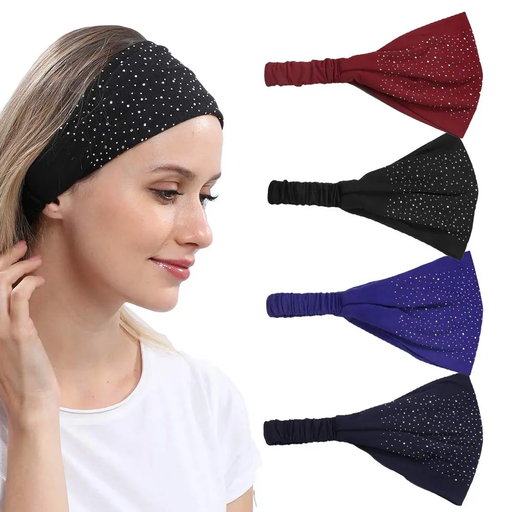 DINPREY Rhinestone Dots Wide Headband - Women's Twisted Solid Diamond Workout, Yoga & Makeup Head Wrap (4 Pcs) | Soft Cotton & Spandex, Elegant & Comfortable - main product image