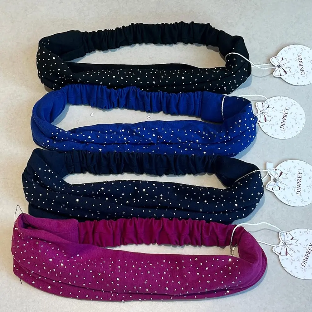DINPREY Rhinestone Dots Wide Headband - Women's Twisted Solid Diamond Workout, Yoga & Makeup Head Wrap (4 Pcs) | Soft Cotton & Spandex, Elegant & Comfortable - view 6