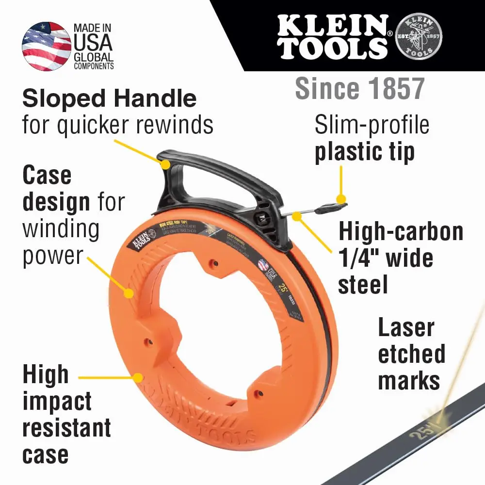 Klein Tools 25-Foot Steel Fish Tape | 7.62m (25 ft) x 6.35mm (1/4") Flat Electrical Wire Puller - view 2
