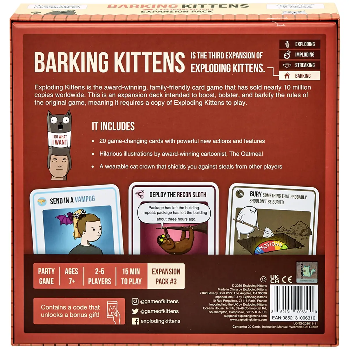 Exploding Kittens Barking Kittens Expansion Set 20 Cards + Cat Crown | Ages 7+ Family Party Game - view 6