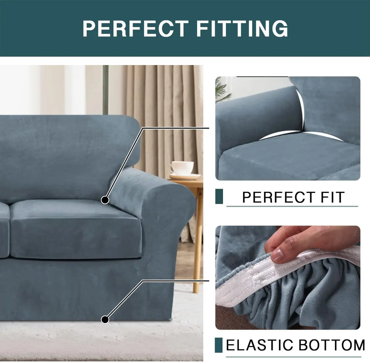 FantasDecor 2 Piece Chair Sofa Covers Velvet for Living Room Slipcovers with Individual Cushion Elastic Furniture Protector for Pets, Machine Washable (Armchair, Stone Blue) | Velvet Plush, 2-Piece Fit - view 5