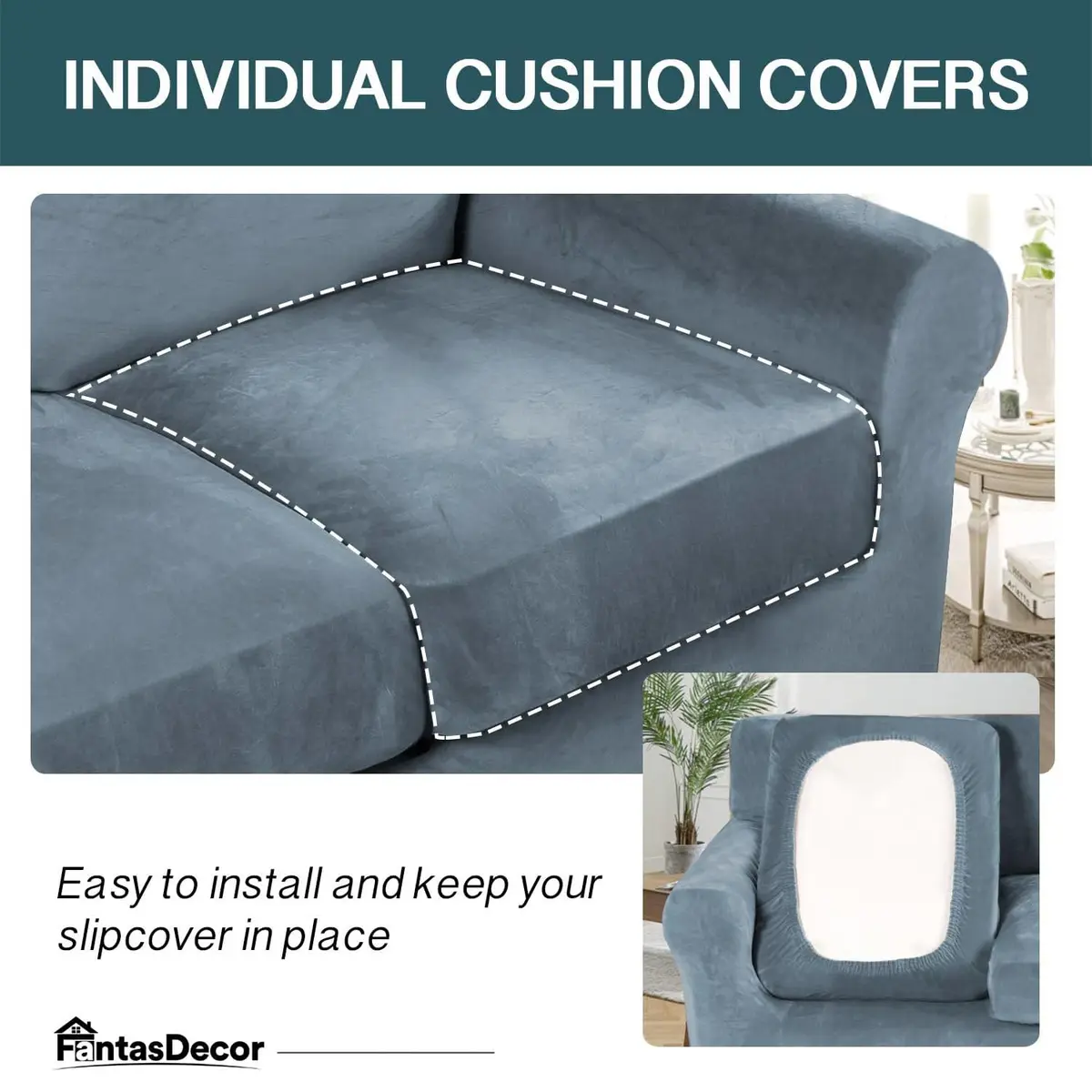 FantasDecor 2 Piece Chair Sofa Covers Velvet for Living Room Slipcovers with Individual Cushion Elastic Furniture Protector for Pets, Machine Washable (Armchair, Stone Blue) | Velvet Plush, 2-Piece Fit - view 4