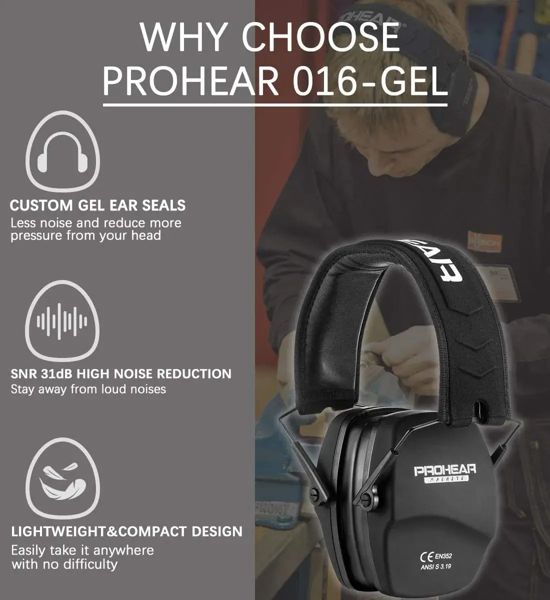 PROHEAR 016-Gel Shooting Ear Protection, NRR 26dB, Gel Cushions | Foldable Passive Earmuffs for Loud Noise - view 7