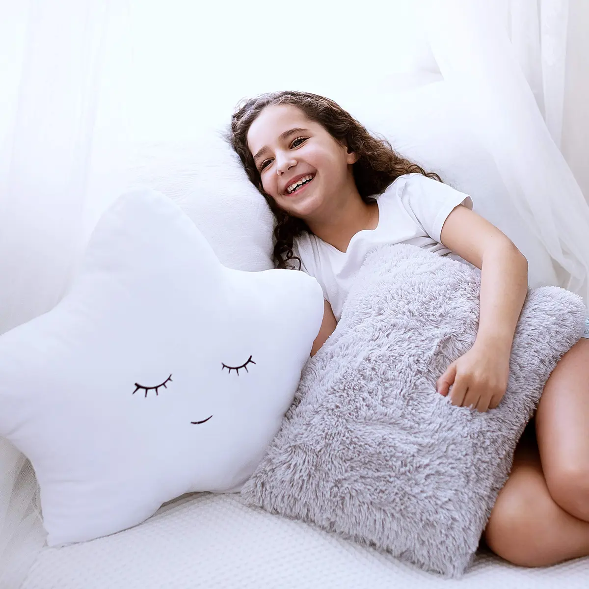 Perfectto Design Set of 2 Decorative Pillows for Girls Toddler Kids Room | White Fluffy Star & Grey Plush (Large Pack) - main product image