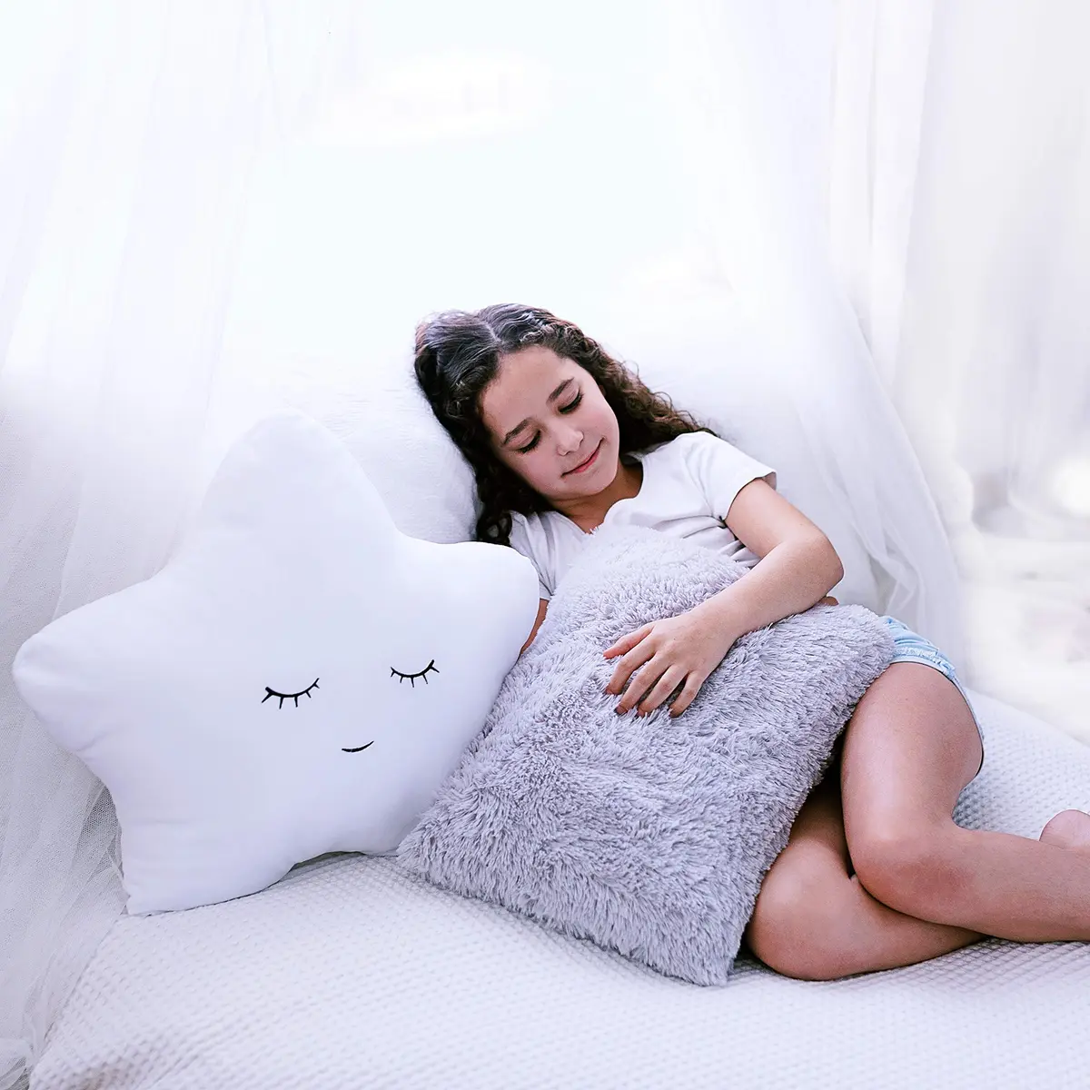 Perfectto Design Set of 2 Decorative Pillows for Girls Toddler Kids Room | White Fluffy Star & Grey Plush (Large Pack) - view 5