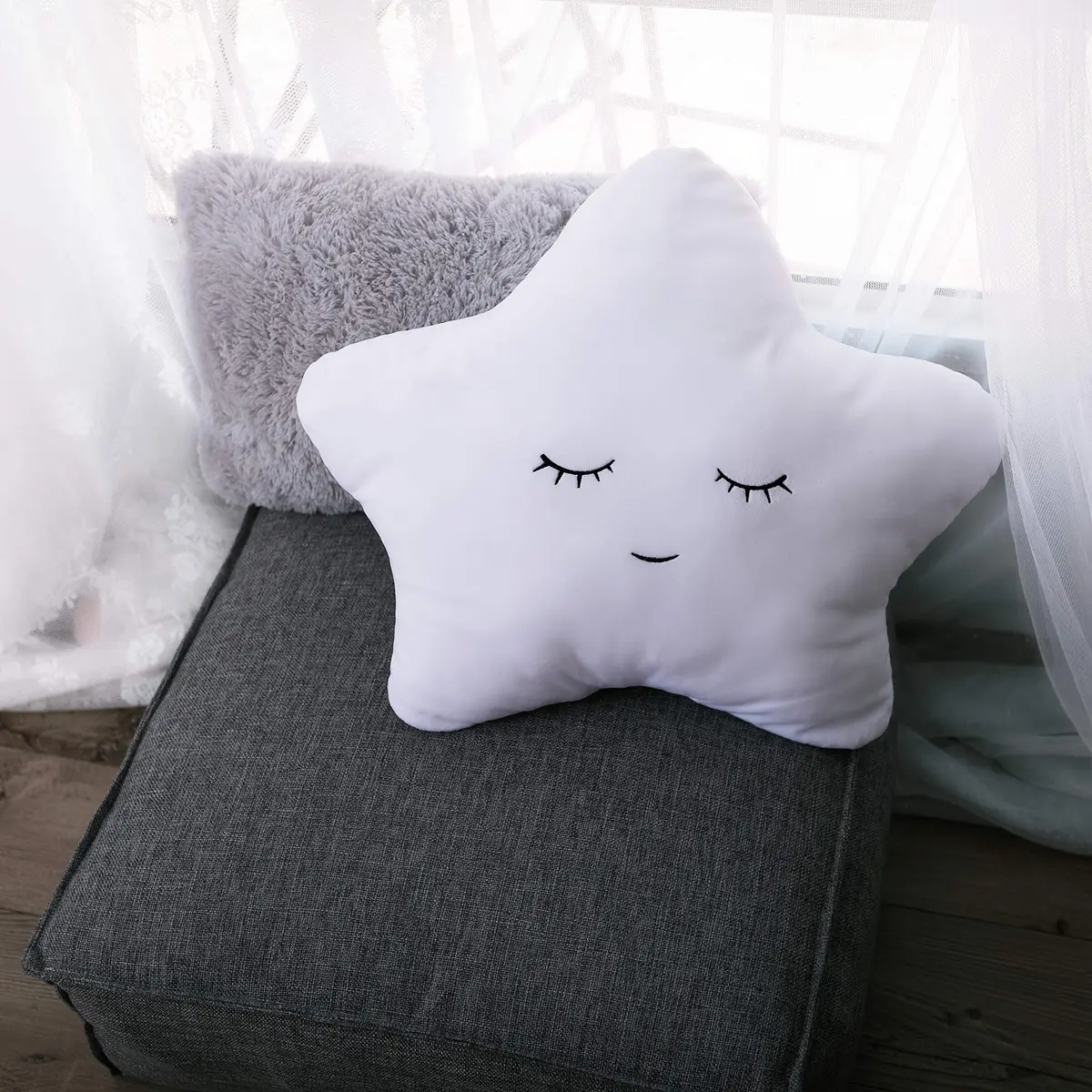 Perfectto Design Set of 2 Decorative Pillows for Girls Toddler Kids Room | White Fluffy Star & Grey Plush (Large Pack) - view 6