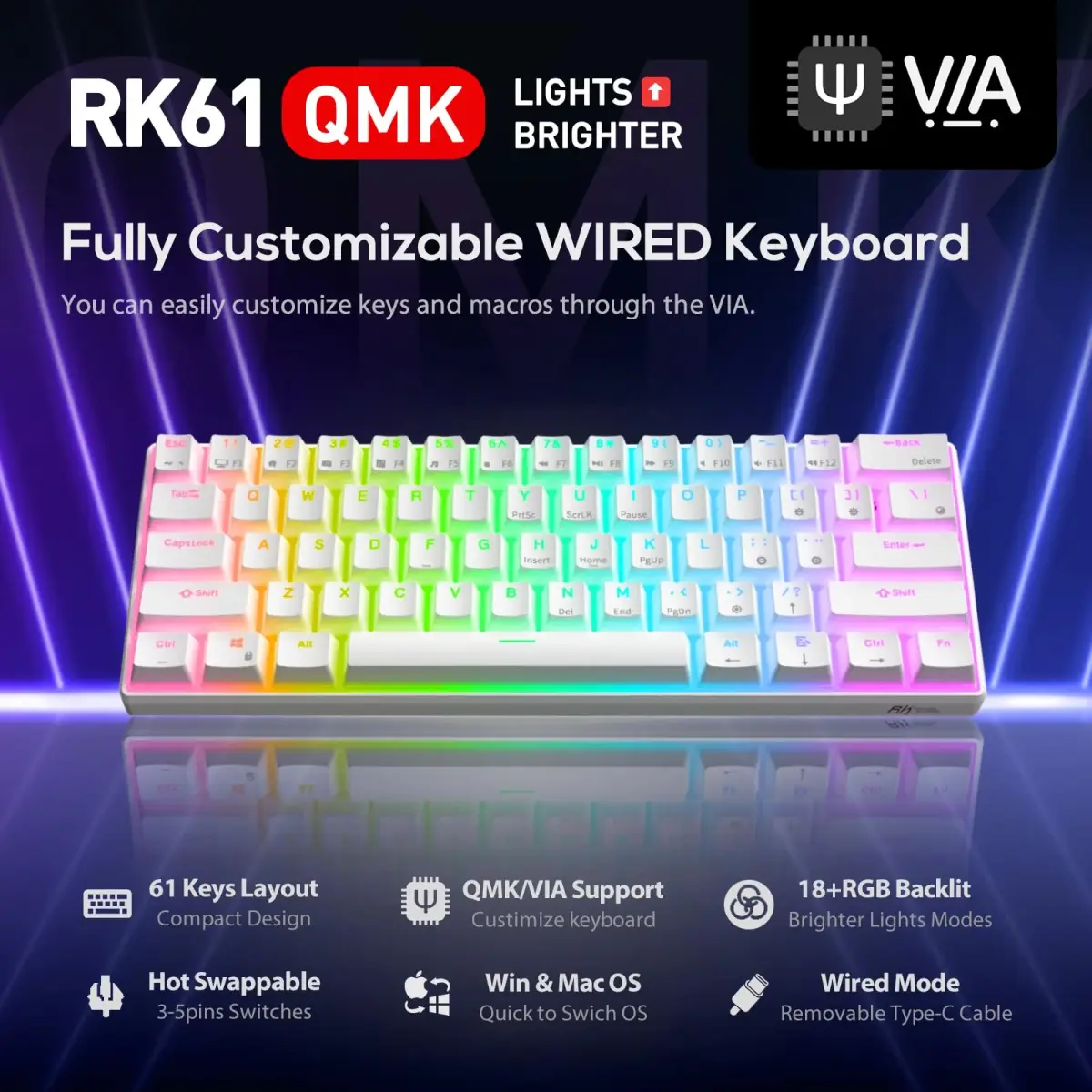 RK ROYAL KLUDGE RK61 Hot-Swappable Mechanical Keyboard | 61 Keys, RGB Backlit, White - view 2