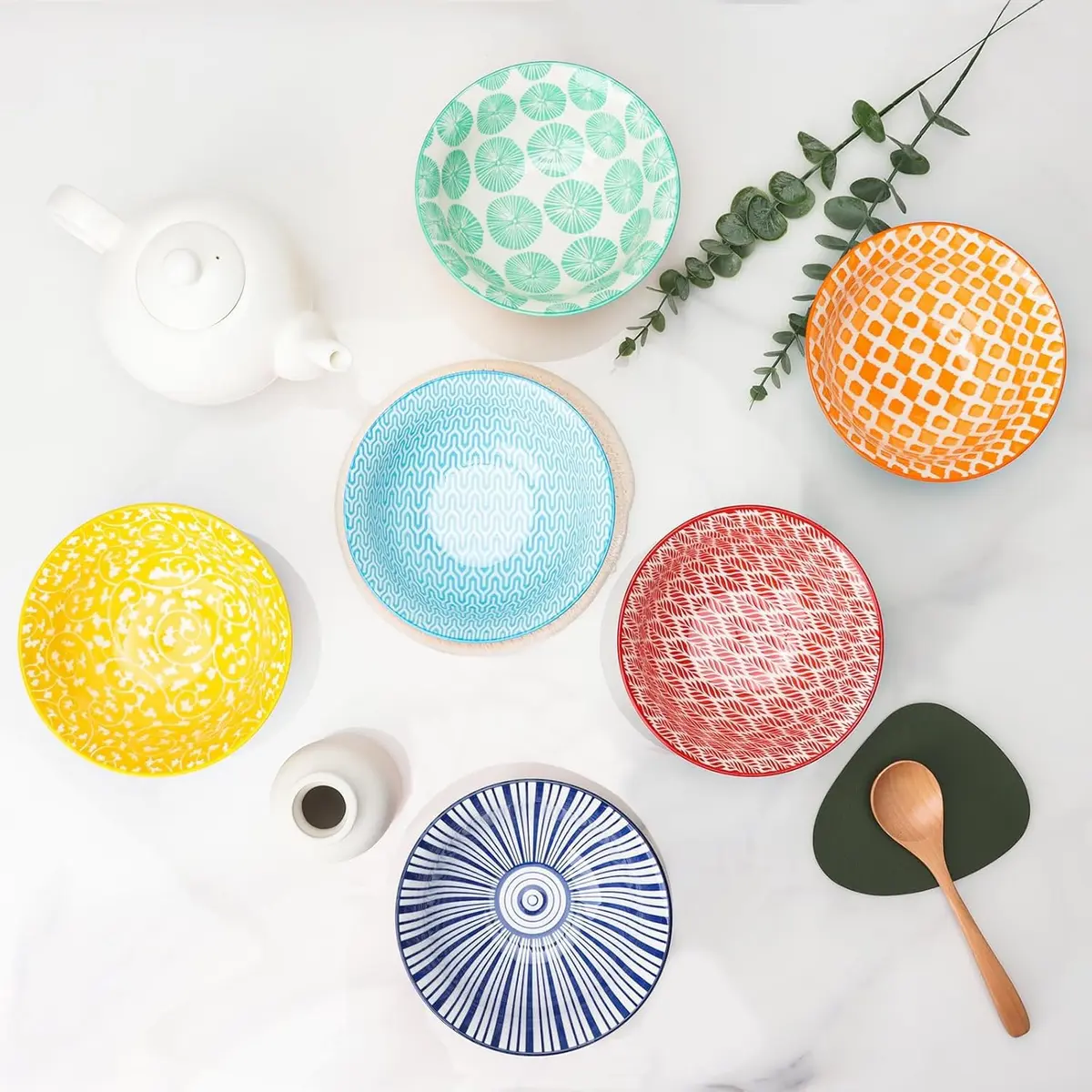 K KitchenTour Ceramic Bowls Set - 30 oz (887 ml) Geometric Mix | Set of 6 Serving Bowls for Cereal, Soup, Salad - view 6