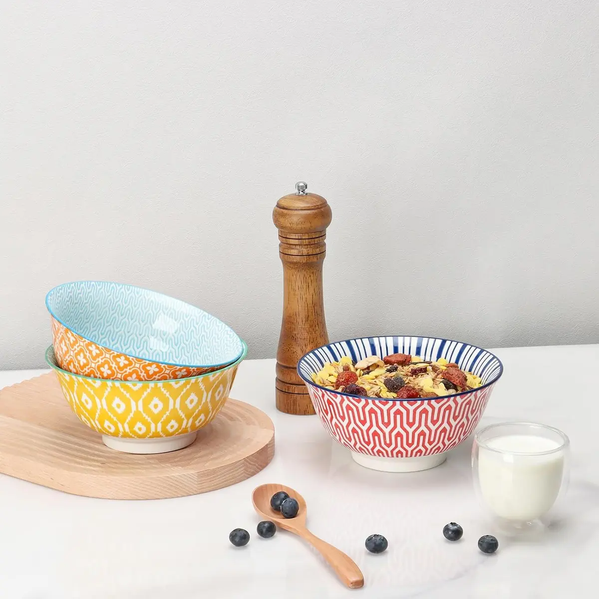 K KitchenTour Ceramic Bowls Set - 30 oz (887 ml) Geometric Mix | Set of 6 Serving Bowls for Cereal, Soup, Salad - view 2