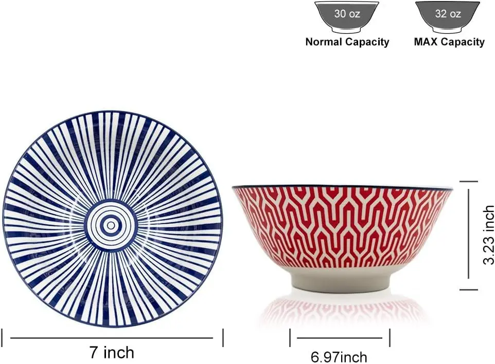 K KitchenTour Ceramic Bowls Set - 30 oz (887 ml) Geometric Mix | Set of 6 Serving Bowls for Cereal, Soup, Salad - view 3