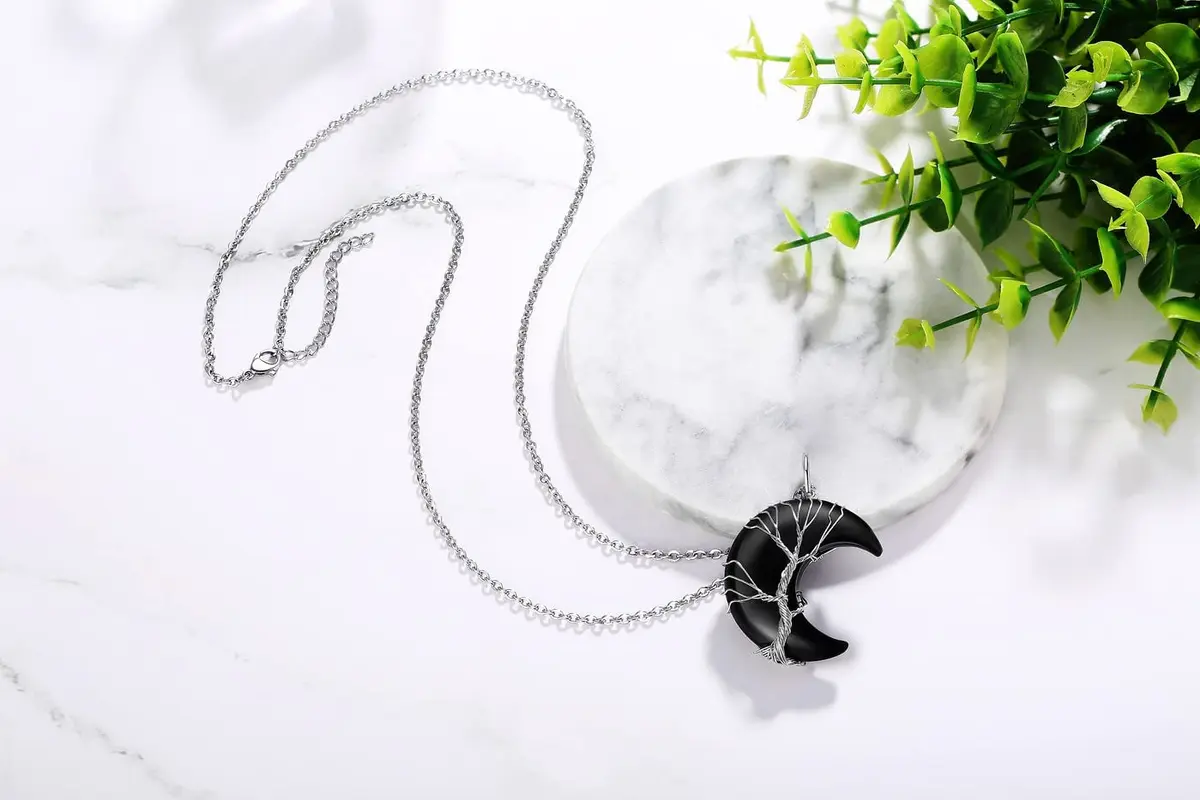 XIANNVXI Black Obsidian Necklace for Women Crescent Moon | Healing Crystal Pendant, 60cm Chain - view 5