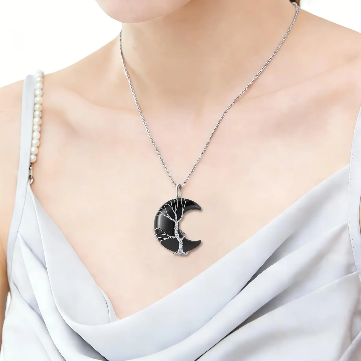 XIANNVXI Black Obsidian Necklace for Women Crescent Moon | Healing Crystal Pendant, 60cm Chain - view 2