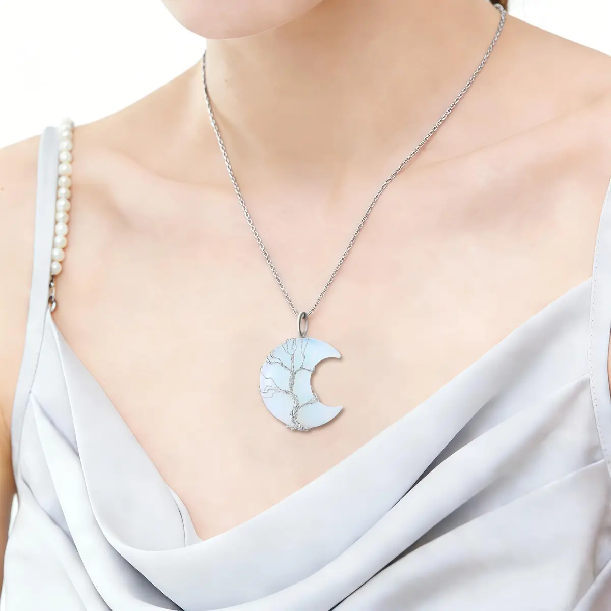 XIANNVXI Opal Necklace for Women Crescent Moon | Healing Crystal Pendant, 60cm Chain - view 2