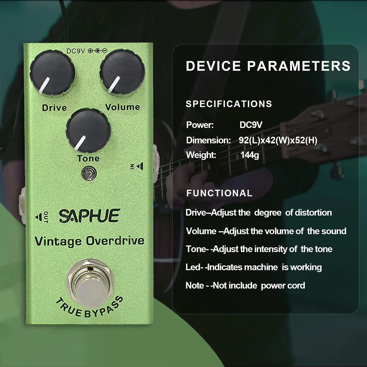 SAPHUE Vintage Overdrive Guitar Effects Pedal 9V | Classic Tube Screamer Tone, True Bypass, Compact Metal Shell - view 6