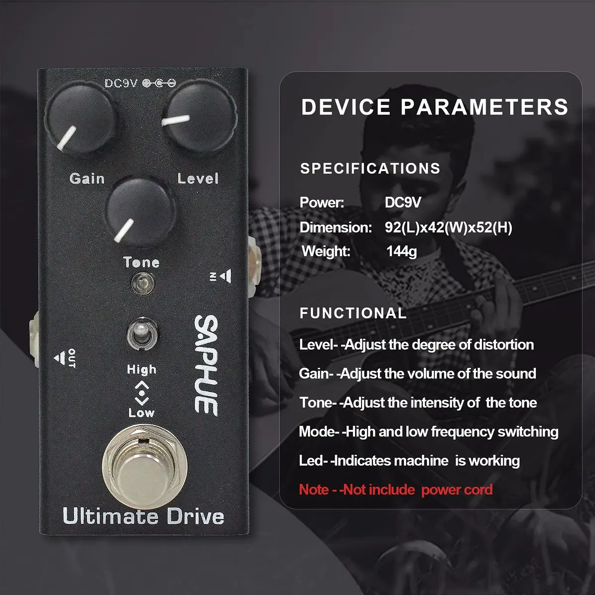 SAPHUE Ultimate Drive Guitar Effects Pedal Gain/Level/Tone Knob 9V | Classic Rock Tone, True Bypass, Compact Metal Shell - view 6