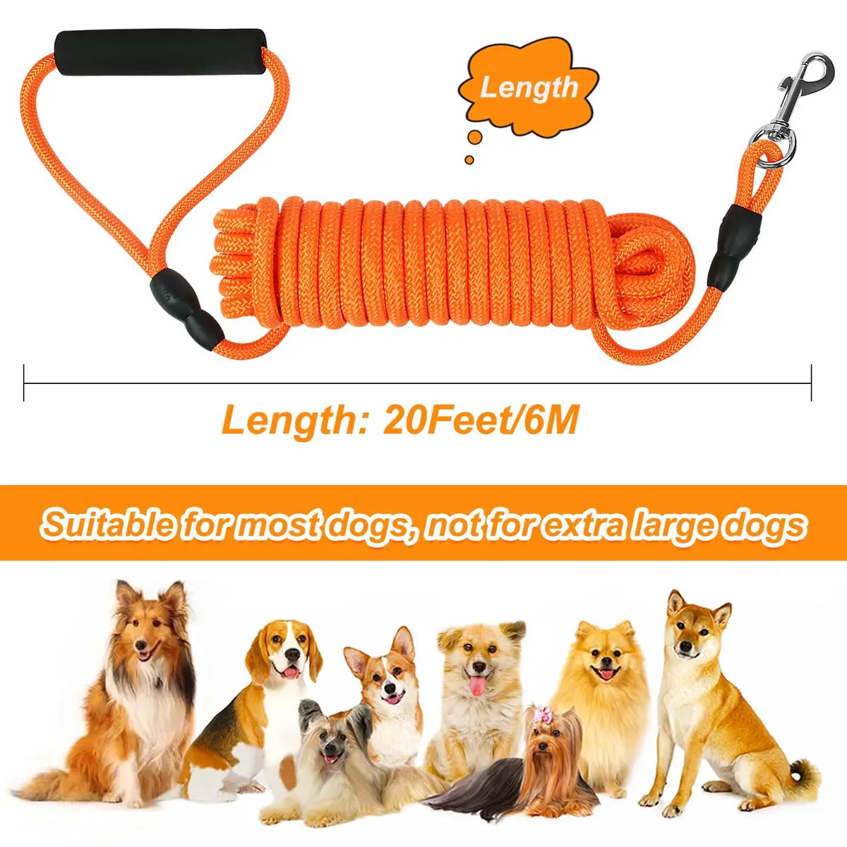 Vivifying Floating Long Dog Leash 6.1m (20ft) Orange | Durable Training Leash for Recall & Swimming - view 7
