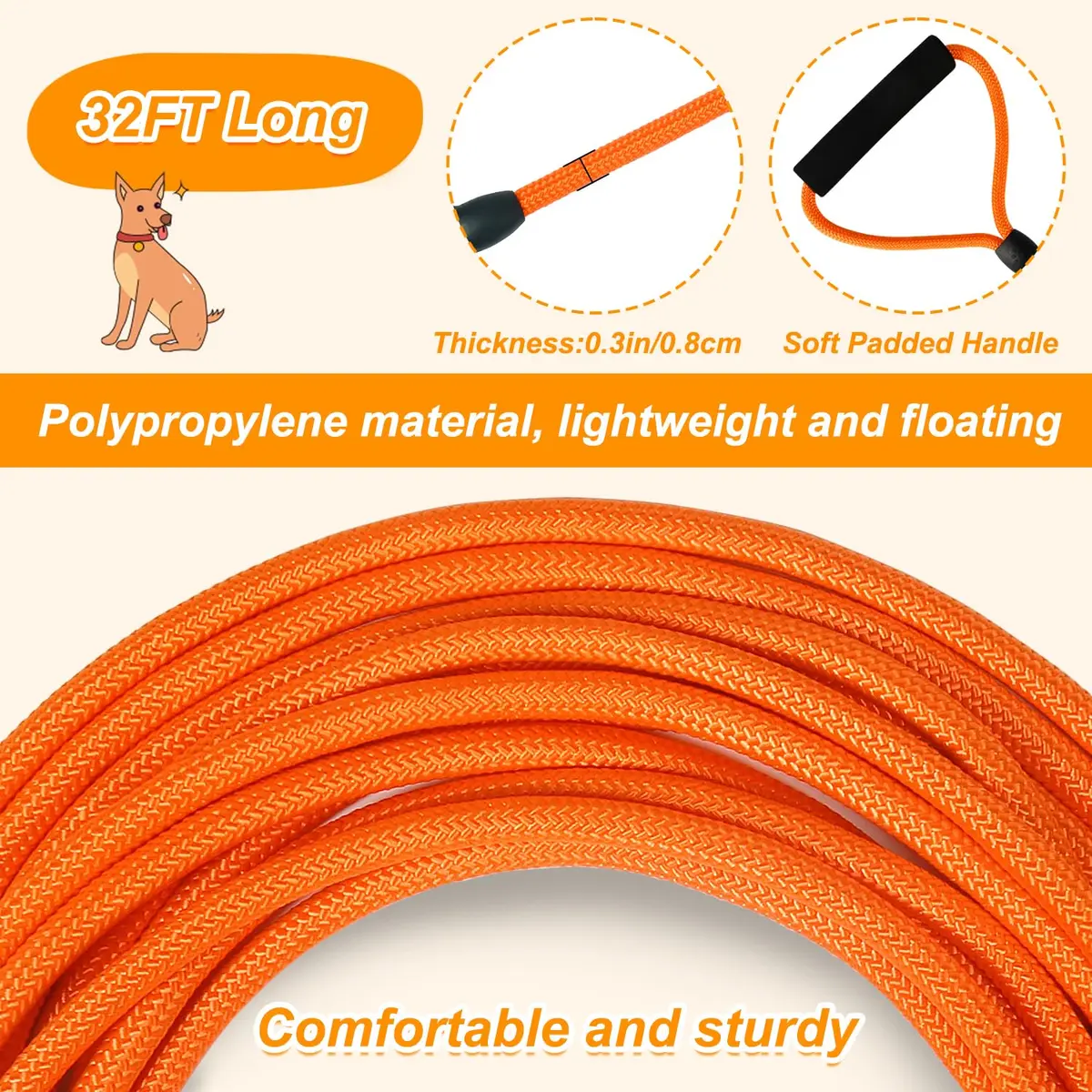Vivifying Orange Floating Dog Training Leash 10m (32ft) | Durable Rope Lead with Padded Handle - view 3