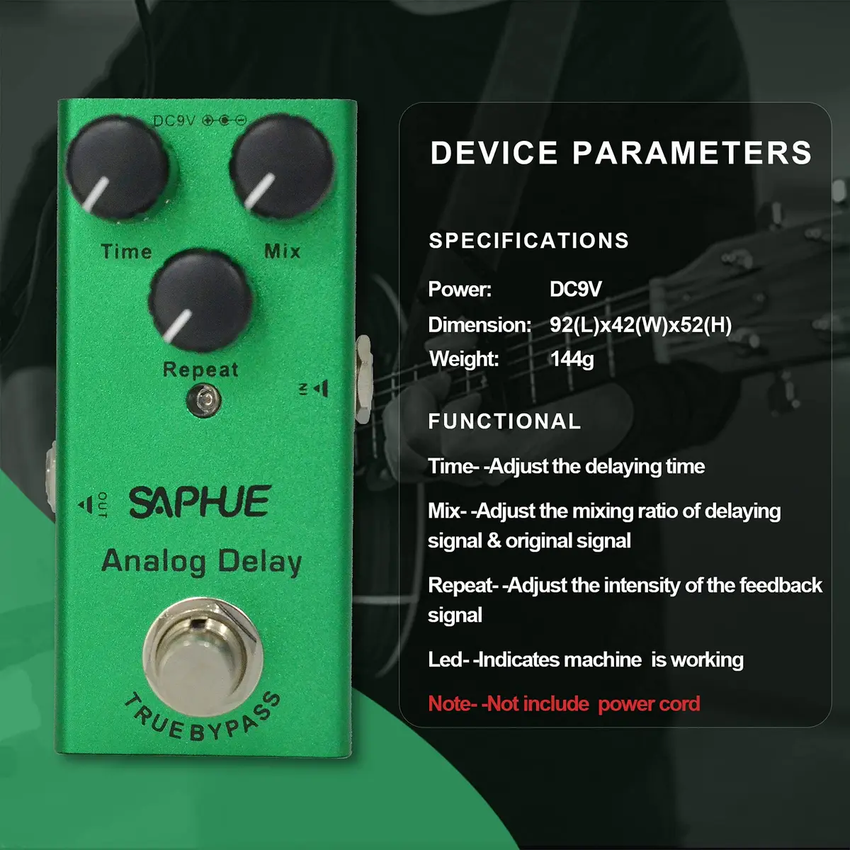 SAPHUE Analog Delay Guitar Effects Pedal Dark Green | True Bypass Mini Pedal for Electric Guitar - view 6