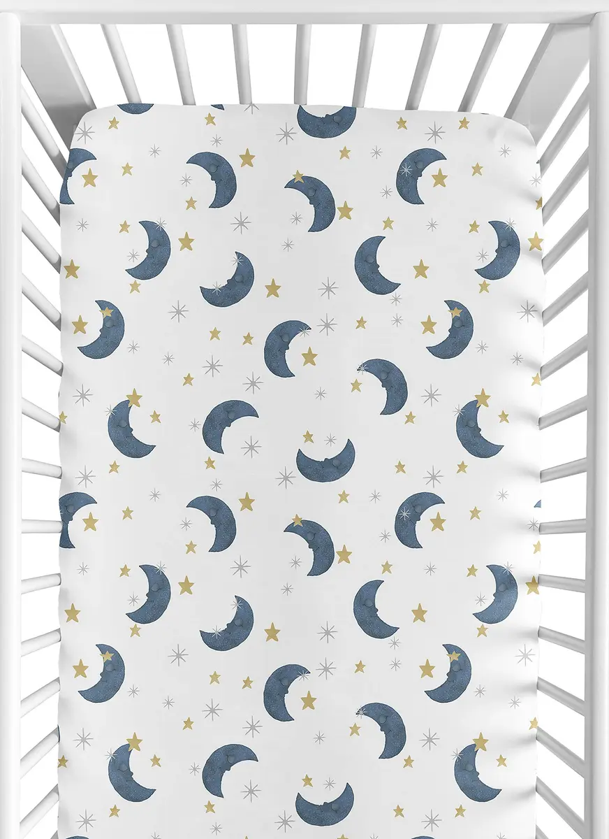 Sweet Jojo Designs Fitted Baby Crib Sheets (Moon and Star) for Boys or Girls | Watercolor, Celestial, Navy Blue & Gold Moons and Stars, Standard Size - main product image