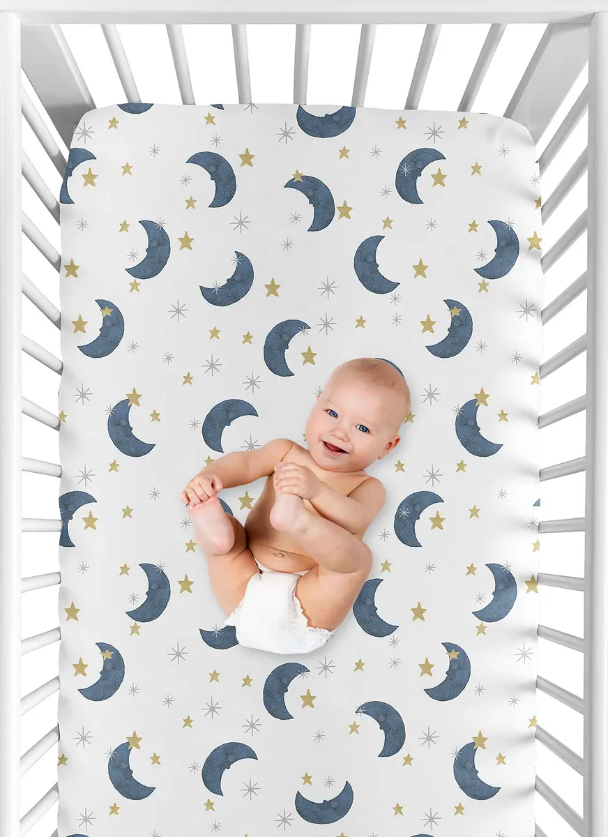 Sweet Jojo Designs Fitted Baby Crib Sheets (Moon and Star) for Boys or Girls | Watercolor, Celestial, Navy Blue & Gold Moons and Stars, Standard Size - view 4